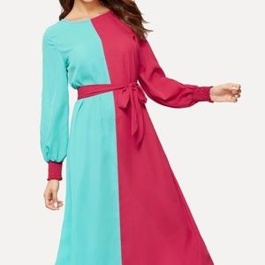 🚨 SOLD 🚨Color Block Waist Tie Shirred Cuff Dress